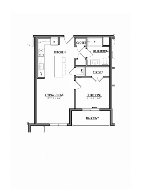 Floor plan for 1 bed, 1 bath, 628 sqft